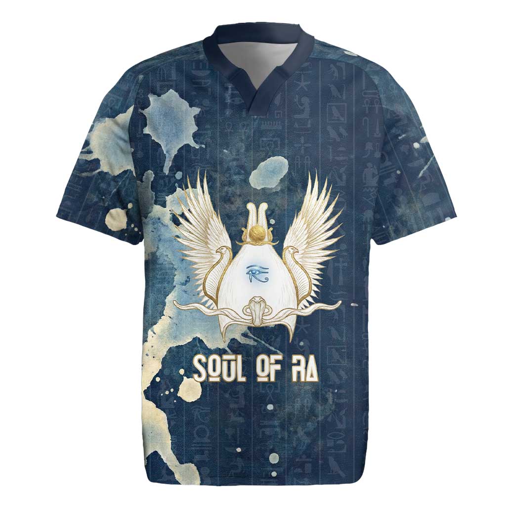 Bennu Ancient Egyptian Rugby Jersey with Deep Blue Ink Wash, Winged Bennu Bird and Soul of Ra - African Pride
