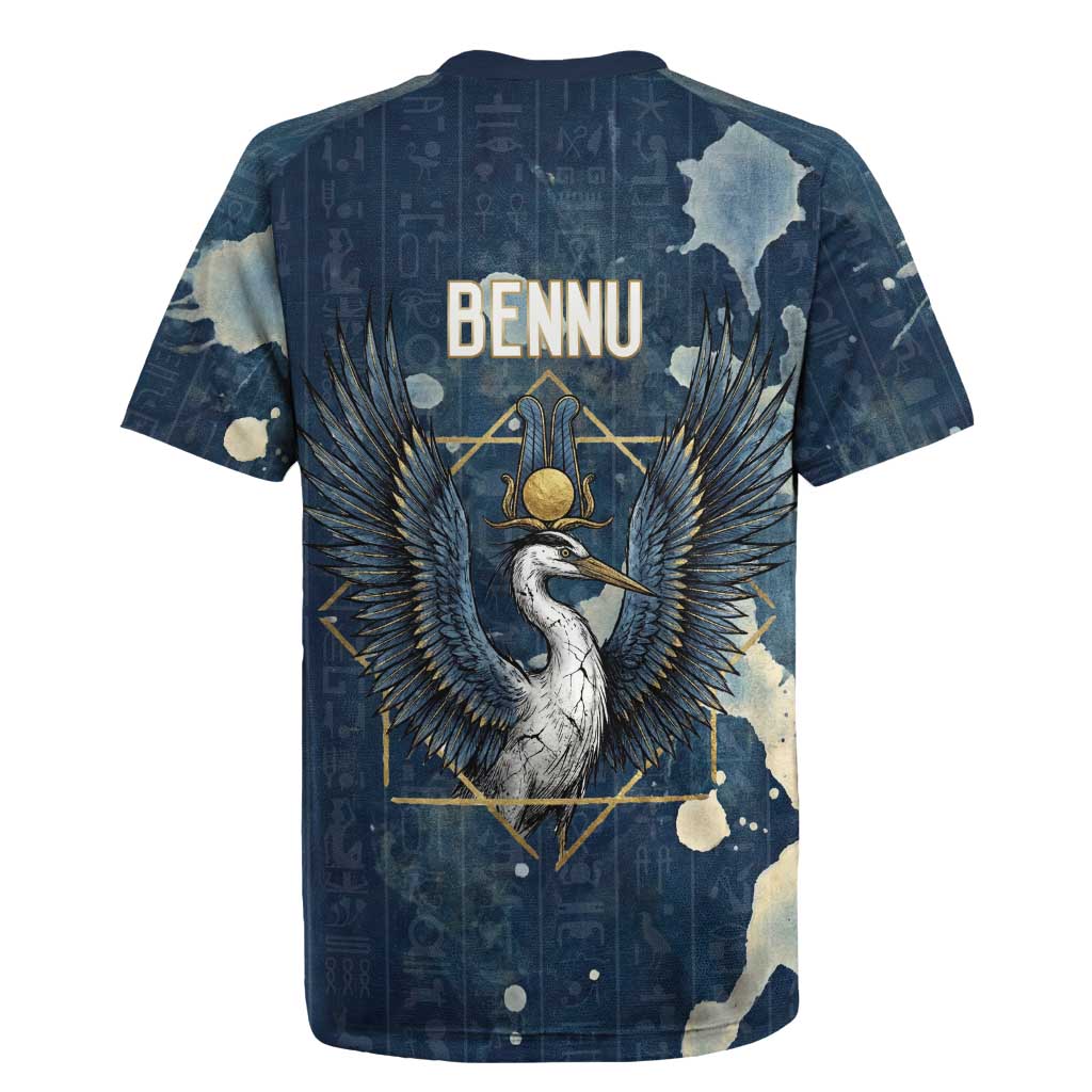 Bennu Ancient Egyptian Rugby Jersey with Deep Blue Ink Wash, Winged Bennu Bird and Soul of Ra - African Pride