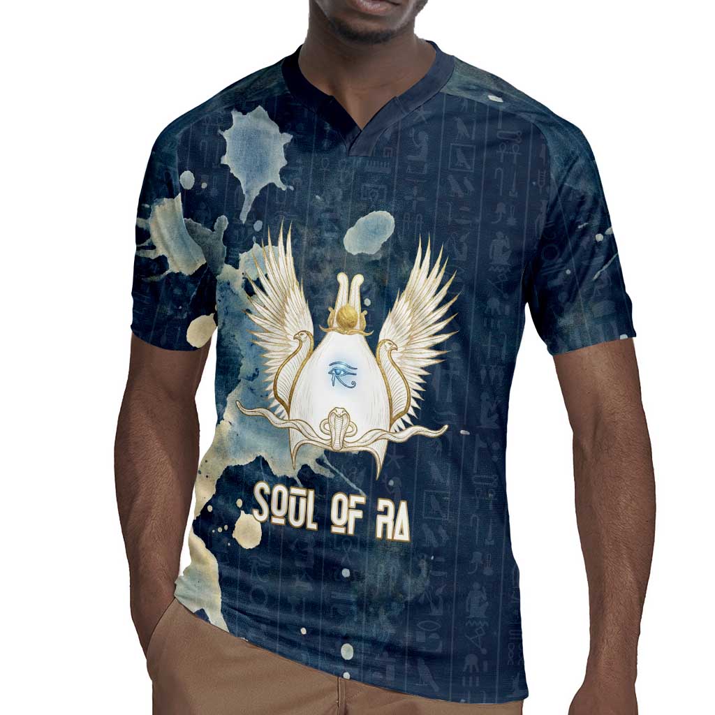 Bennu Ancient Egyptian Rugby Jersey with Deep Blue Ink Wash, Winged Bennu Bird and Soul of Ra - African Pride