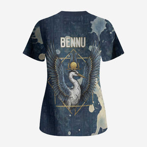 Bennu Ancient Egyptian Scrub Top with Deep Blue Ink Wash, Winged Bennu Bird and Soul of Ra - African Pride