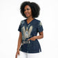 Bennu Ancient Egyptian Scrub Top with Deep Blue Ink Wash, Winged Bennu Bird and Soul of Ra - African Pride