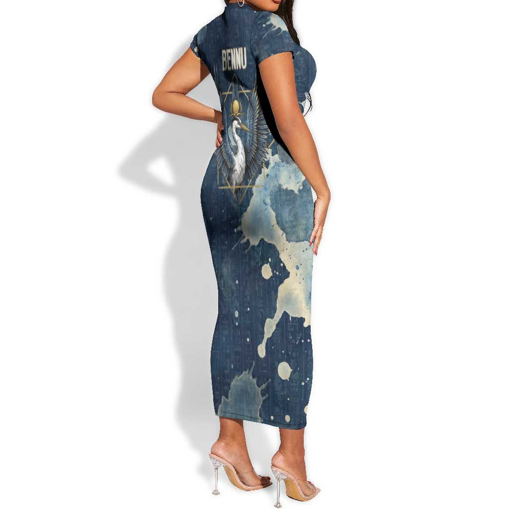 Bennu Ancient Egyptian Short Sleeve Bodycon Dress with Deep Blue Ink Wash, Winged Bennu Bird and Soul of Ra - African Pride