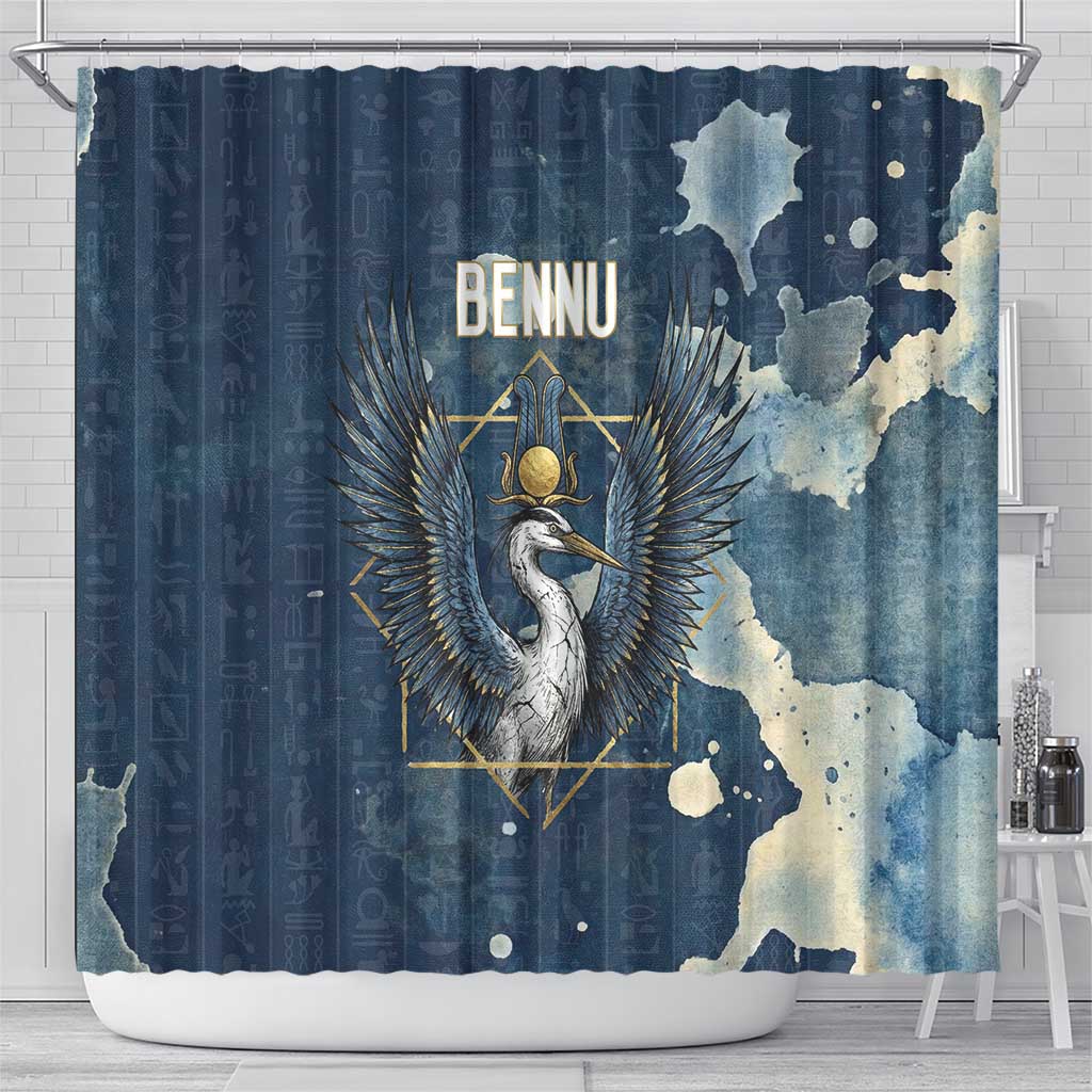 Bennu Ancient Egyptian Shower Curtain with Deep Blue Ink Wash, Winged Bennu Bird and Soul of Ra - African Pride