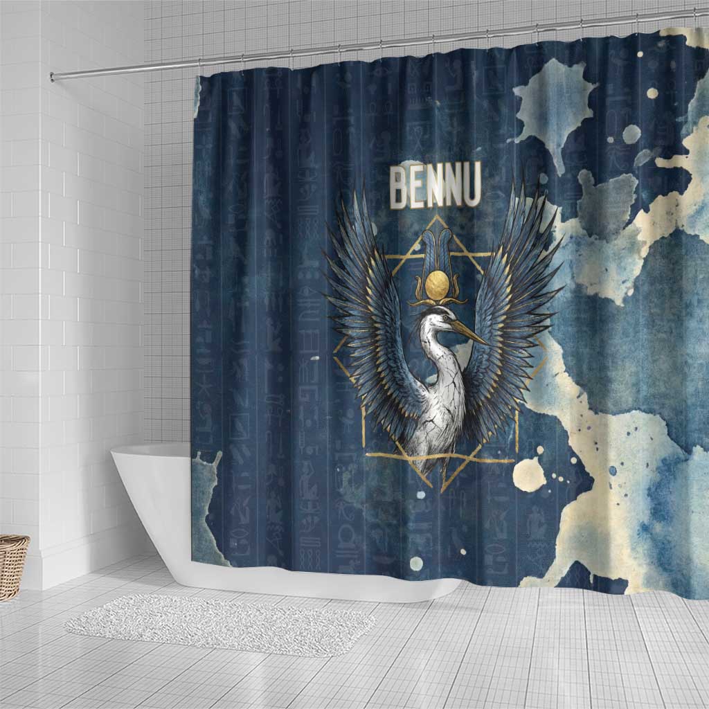 Bennu Ancient Egyptian Shower Curtain with Deep Blue Ink Wash, Winged Bennu Bird and Soul of Ra - African Pride
