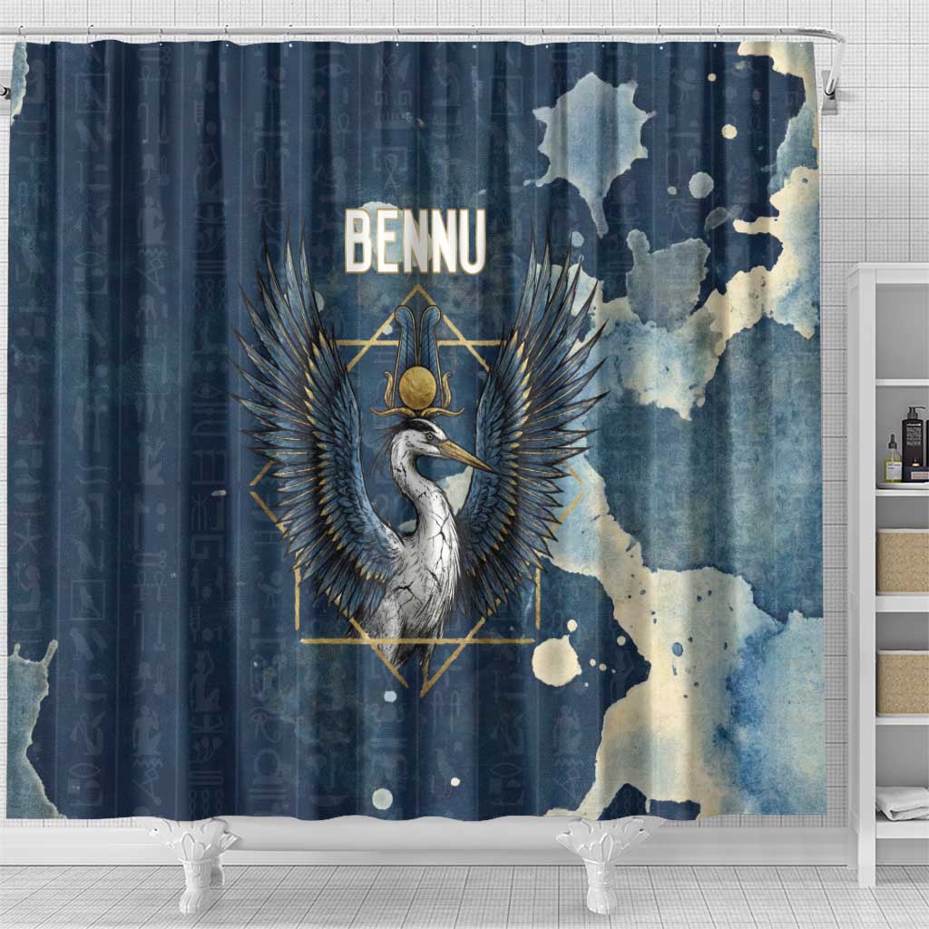 Bennu Ancient Egyptian Shower Curtain with Deep Blue Ink Wash, Winged Bennu Bird and Soul of Ra - African Pride