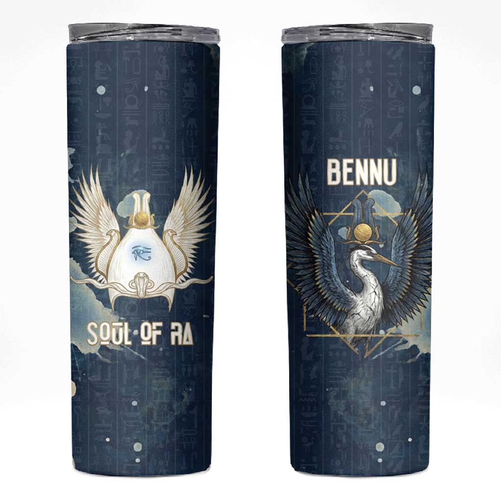Bennu Ancient Egyptian Skinny Tumbler with Deep Blue Ink Wash, Winged Bennu Bird and Soul of Ra - African Pride