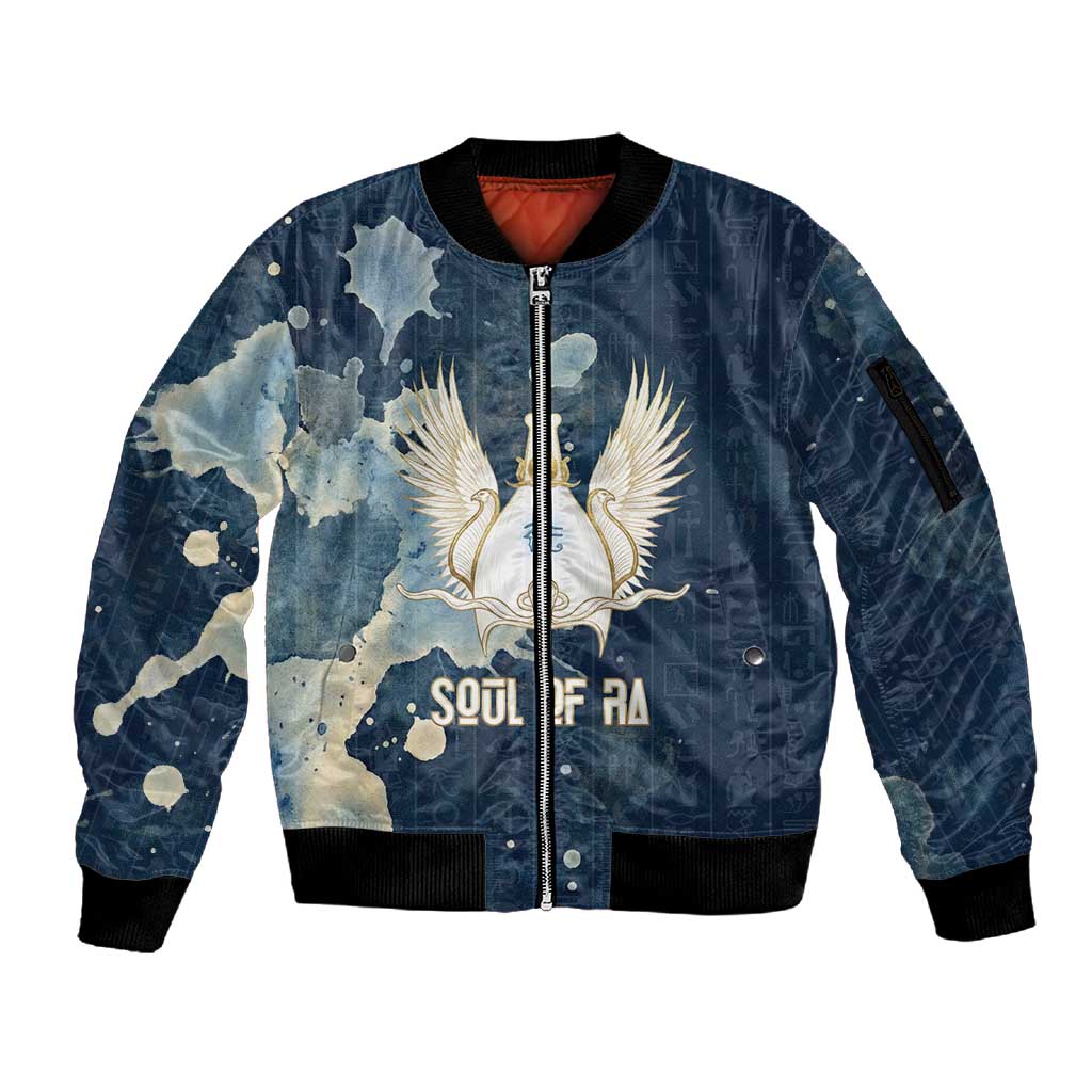 Bennu Ancient Egyptian Sleeve Zip Bomber Jacket with Deep Blue Ink Wash, Winged Bennu Bird and Soul of Ra - African Pride