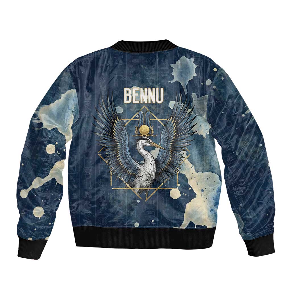 Bennu Ancient Egyptian Sleeve Zip Bomber Jacket with Deep Blue Ink Wash, Winged Bennu Bird and Soul of Ra - African Pride