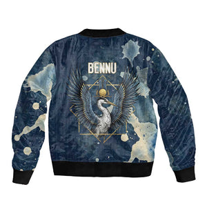 Bennu Ancient Egyptian Sleeve Zip Bomber Jacket with Deep Blue Ink Wash, Winged Bennu Bird and Soul of Ra - African Pride