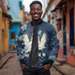 Bennu Ancient Egyptian Sleeve Zip Bomber Jacket with Deep Blue Ink Wash, Winged Bennu Bird and Soul of Ra - African Pride