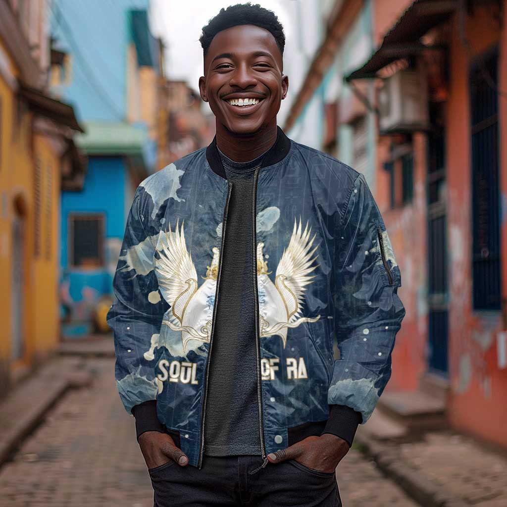 Bennu Ancient Egyptian Sleeve Zip Bomber Jacket with Deep Blue Ink Wash, Winged Bennu Bird and Soul of Ra - African Pride