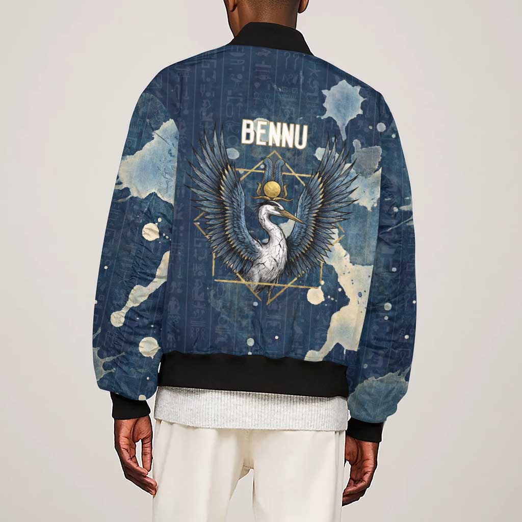 Bennu Ancient Egyptian Sleeve Zip Bomber Jacket with Deep Blue Ink Wash, Winged Bennu Bird and Soul of Ra - African Pride