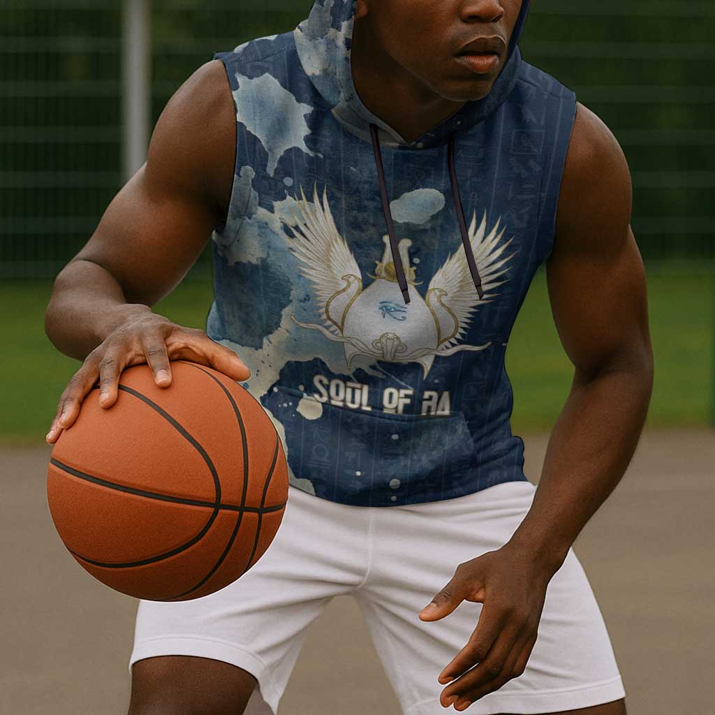Bennu Ancient Egyptian Sleeveless Hoodie with Deep Blue Ink Wash, Winged Bennu Bird and Soul of Ra - African Pride