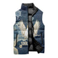 Bennu Ancient Egyptian Sleeveless Puffer Jacket with Deep Blue Ink Wash, Winged Bennu Bird and Soul of Ra - African Pride