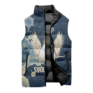 Bennu Ancient Egyptian Sleeveless Puffer Jacket with Deep Blue Ink Wash, Winged Bennu Bird and Soul of Ra - African Pride