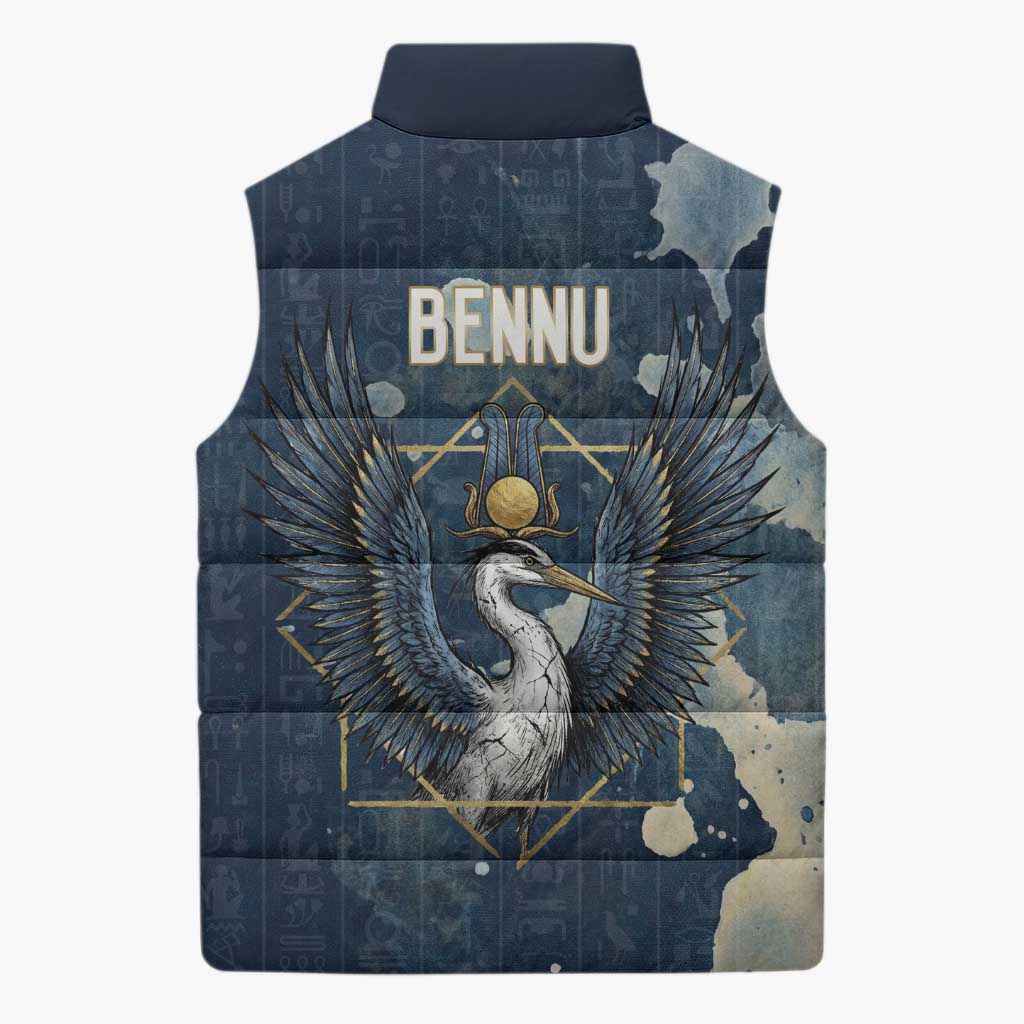 Bennu Ancient Egyptian Sleeveless Puffer Jacket with Deep Blue Ink Wash, Winged Bennu Bird and Soul of Ra - African Pride