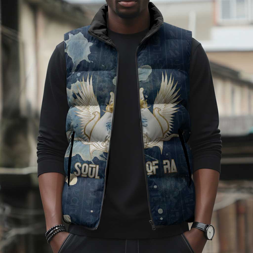 Bennu Ancient Egyptian Sleeveless Puffer Jacket with Deep Blue Ink Wash, Winged Bennu Bird and Soul of Ra - African Pride
