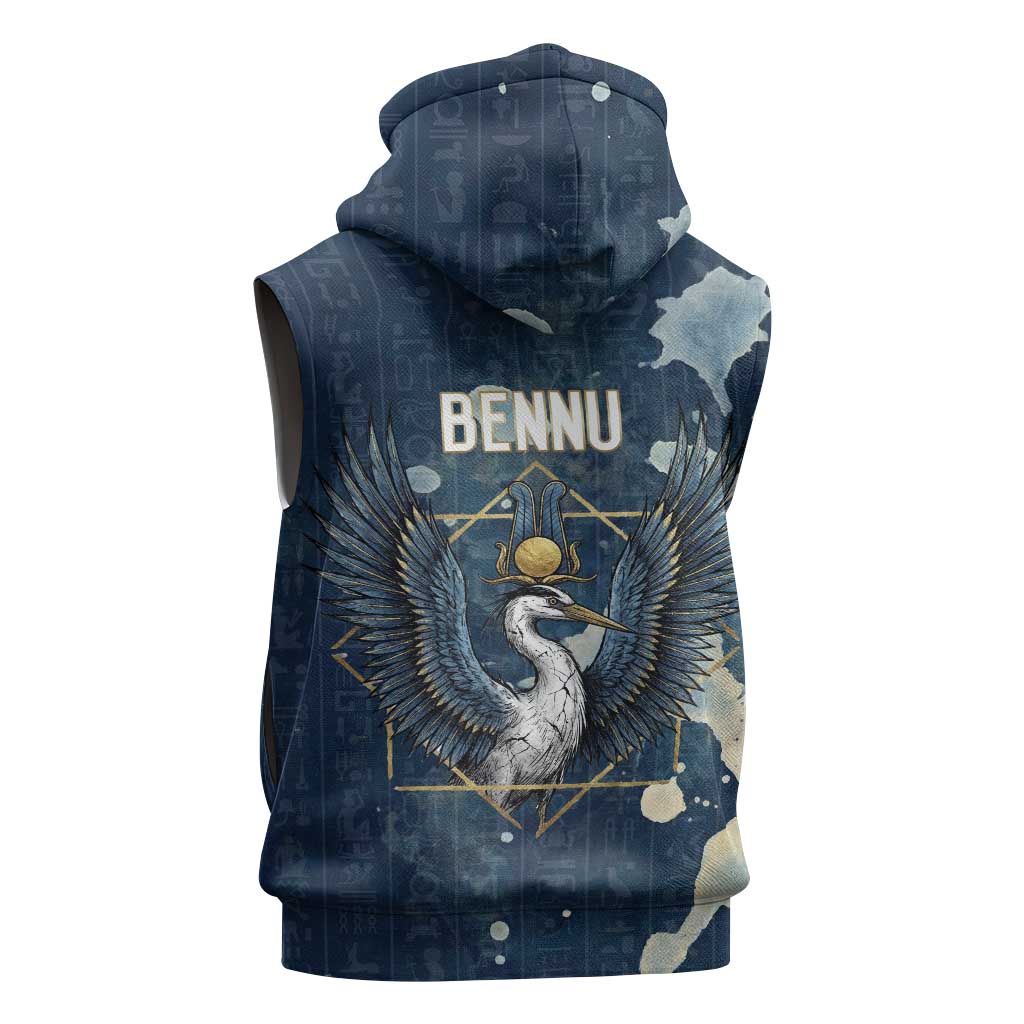 Bennu Ancient Egyptian Sleeveless Zip Hoodie with Deep Blue Ink Wash, Winged Bennu Bird and Soul of Ra - African Pride
