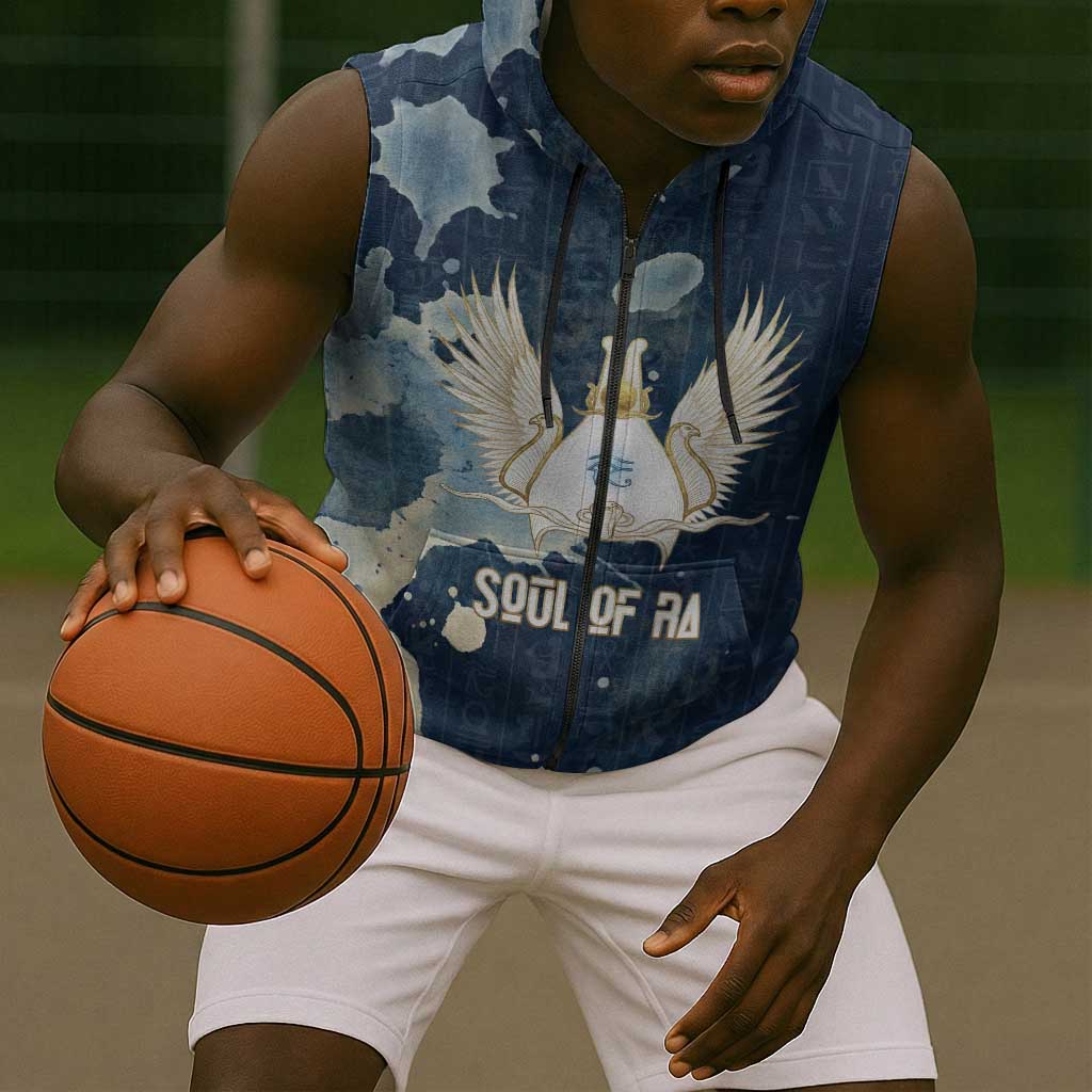 Bennu Ancient Egyptian Sleeveless Zip Hoodie with Deep Blue Ink Wash, Winged Bennu Bird and Soul of Ra - African Pride