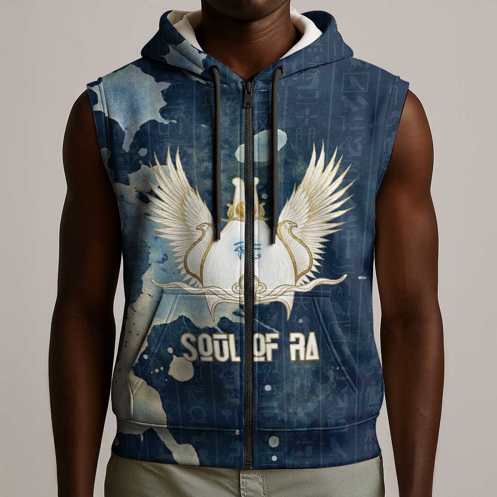 Bennu Ancient Egyptian Sleeveless Zip Hoodie with Deep Blue Ink Wash, Winged Bennu Bird and Soul of Ra - African Pride