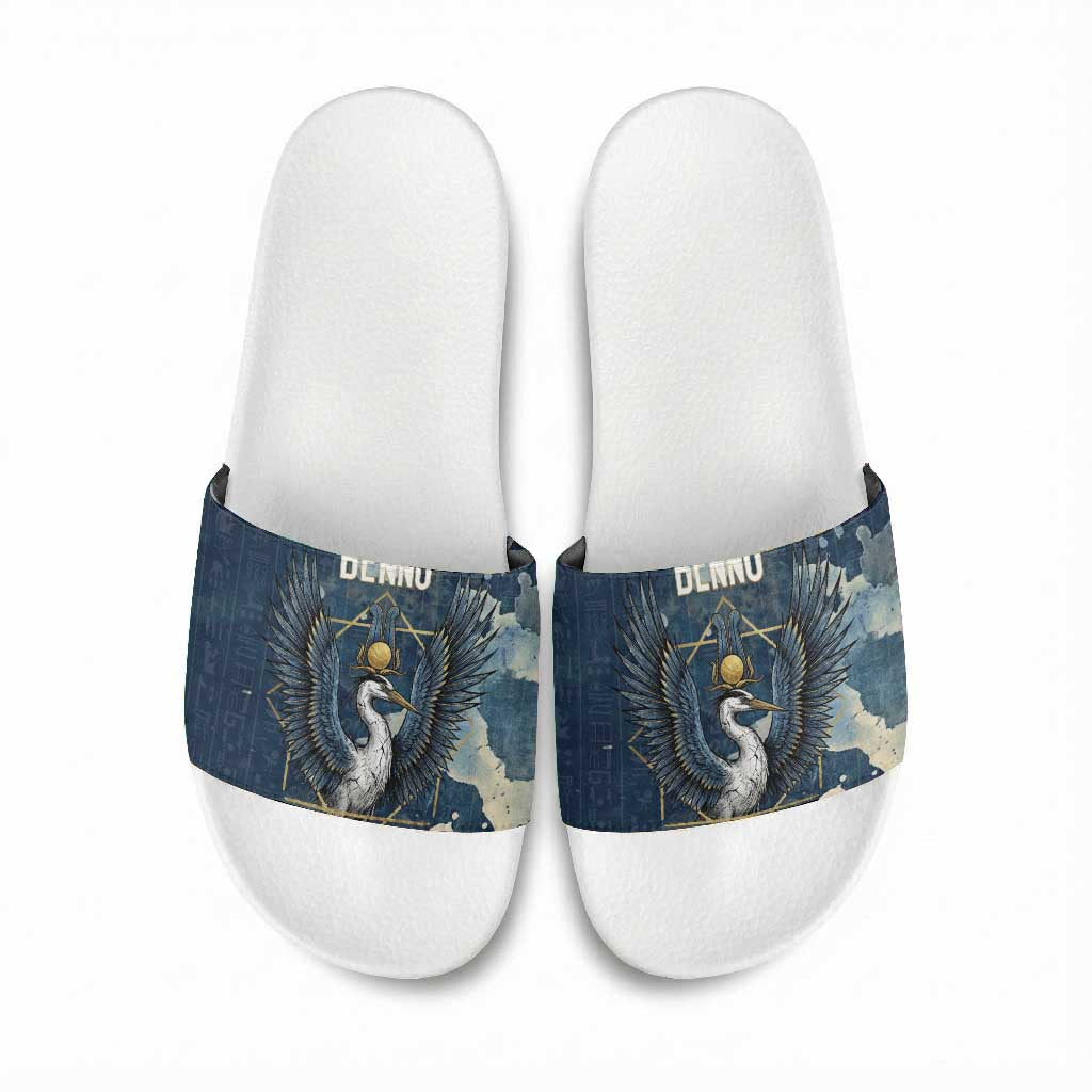 Bennu Ancient Egyptian Slide Sandals with Deep Blue Ink Wash, Winged Bennu Bird and Soul of Ra - African Pride
