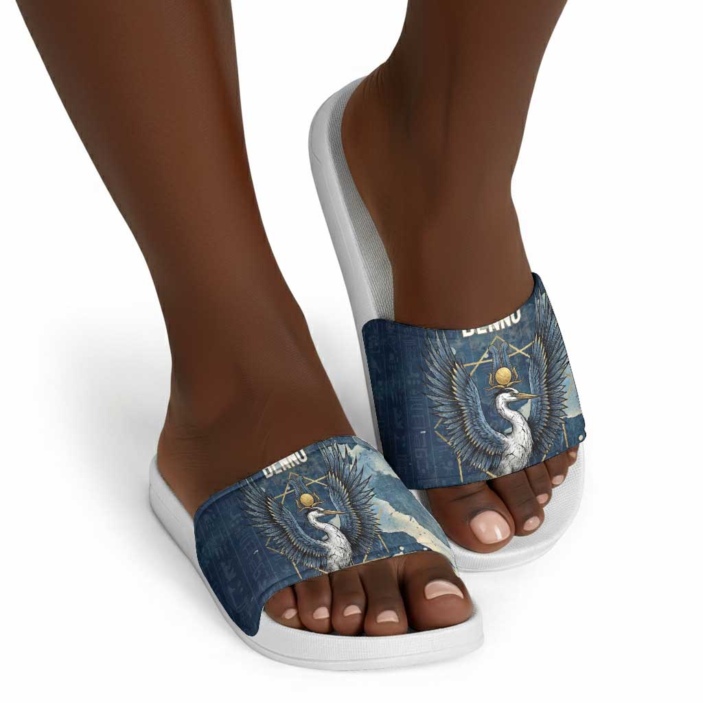 Bennu Ancient Egyptian Slide Sandals with Deep Blue Ink Wash, Winged Bennu Bird and Soul of Ra - African Pride