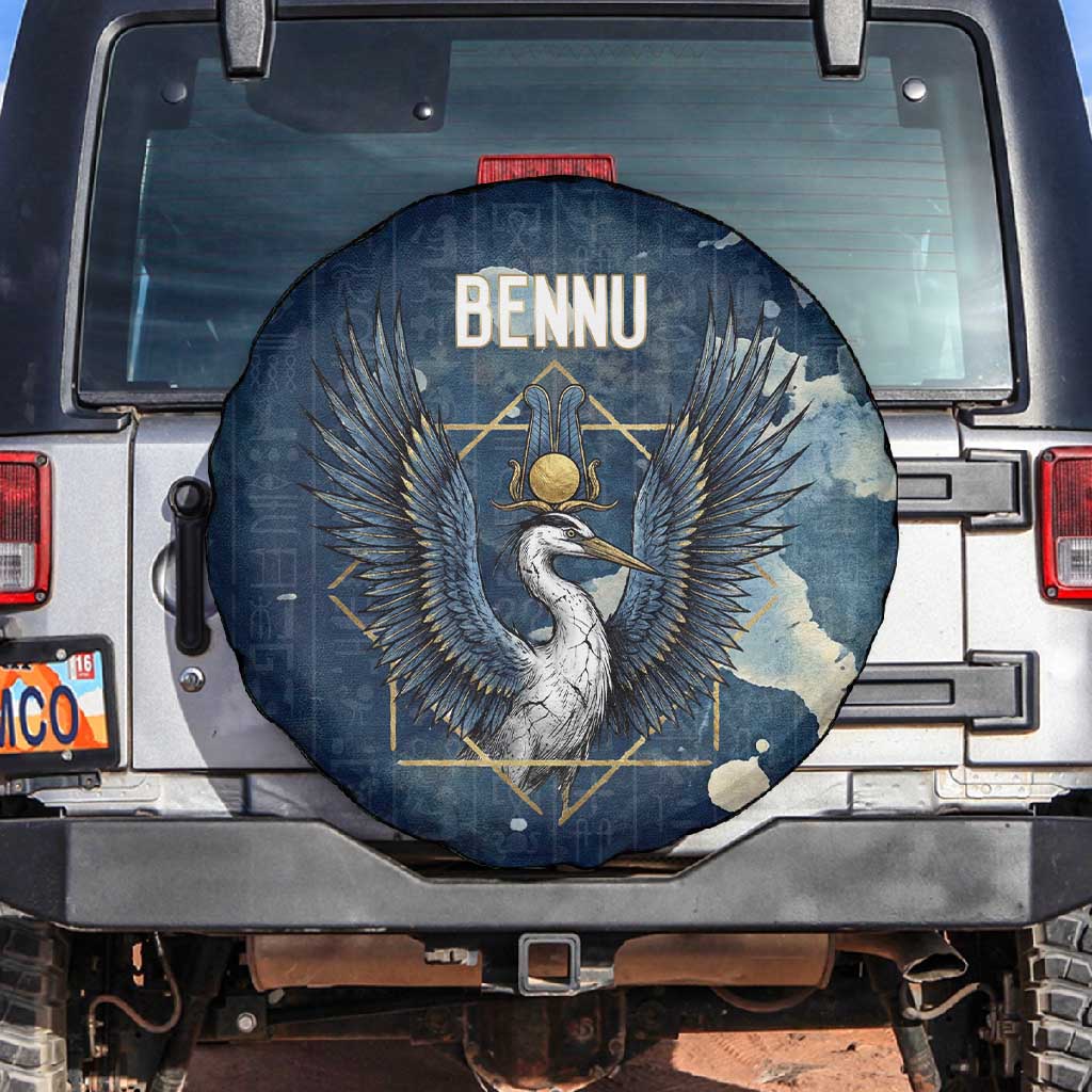 Bennu Ancient Egyptian Spare Tire Cover with Deep Blue Ink Wash, Winged Bennu Bird and Soul of Ra - African Pride