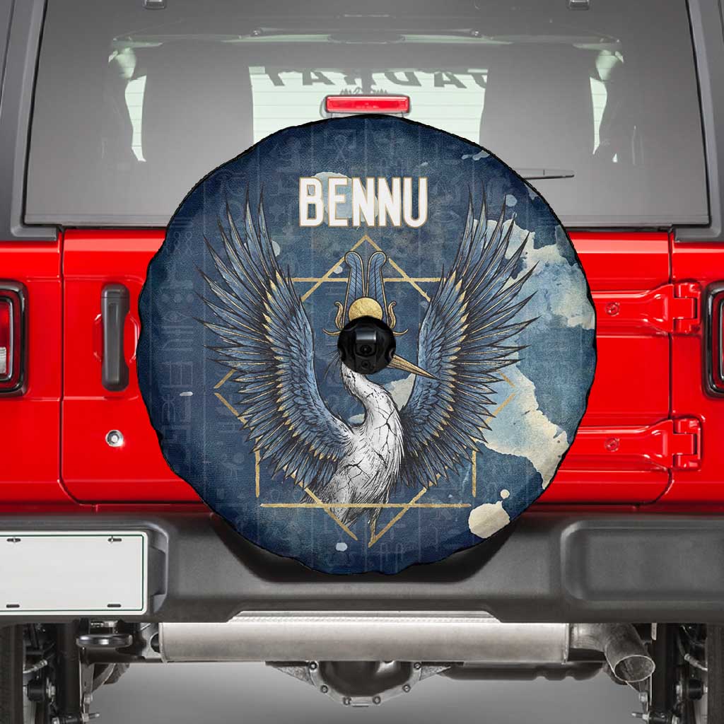 Bennu Ancient Egyptian Spare Tire Cover with Deep Blue Ink Wash, Winged Bennu Bird and Soul of Ra - African Pride