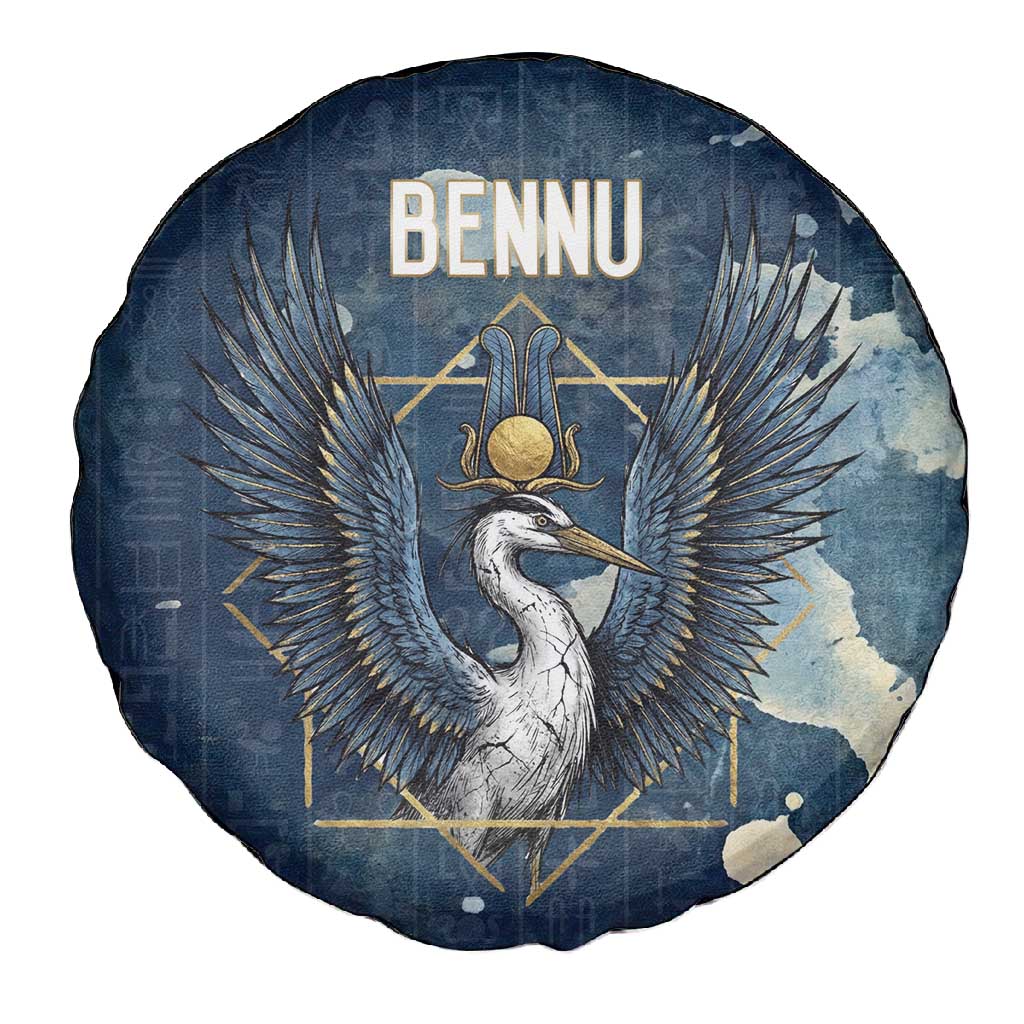 Bennu Ancient Egyptian Spare Tire Cover with Deep Blue Ink Wash, Winged Bennu Bird and Soul of Ra - African Pride