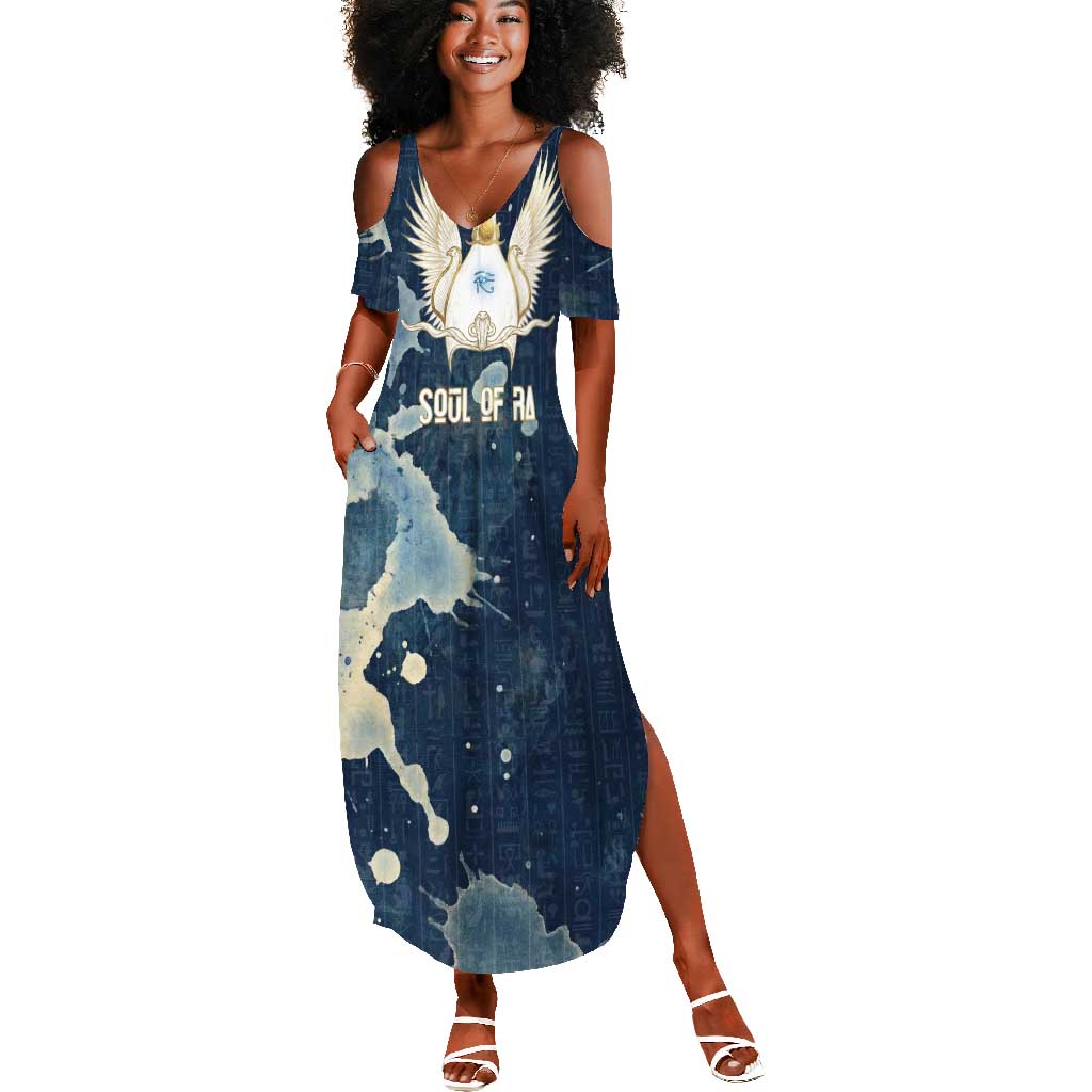 Bennu Ancient Egyptian Summer Maxi Dress with Deep Blue Ink Wash, Winged Bennu Bird and Soul of Ra - African Pride
