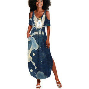 Bennu Ancient Egyptian Summer Maxi Dress with Deep Blue Ink Wash, Winged Bennu Bird and Soul of Ra - African Pride