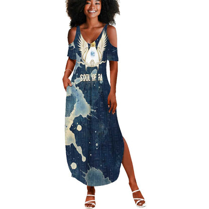 Bennu Ancient Egyptian Summer Maxi Dress with Deep Blue Ink Wash, Winged Bennu Bird and Soul of Ra - African Pride