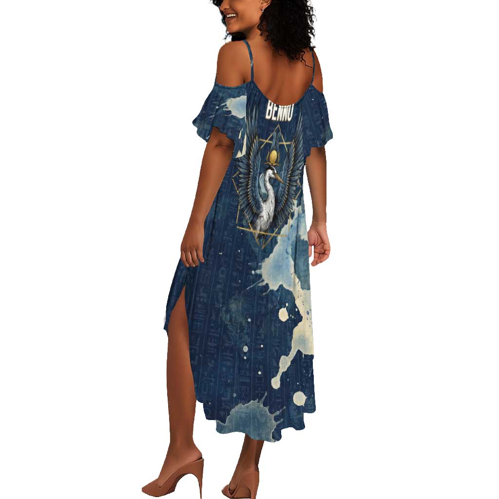 Bennu Ancient Egyptian Summer Maxi Dress with Deep Blue Ink Wash, Winged Bennu Bird and Soul of Ra - African Pride