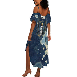 Bennu Ancient Egyptian Summer Maxi Dress with Deep Blue Ink Wash, Winged Bennu Bird and Soul of Ra - African Pride