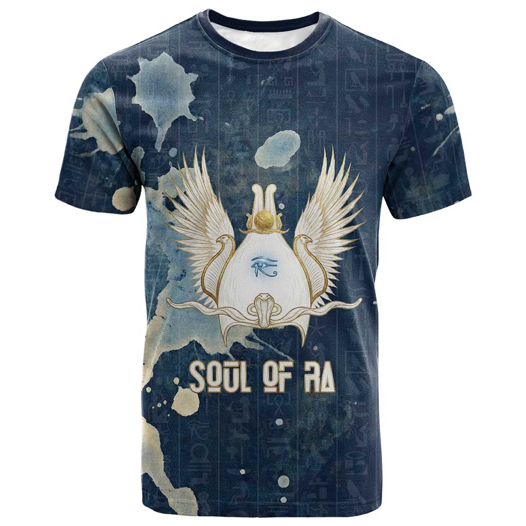 Bennu Ancient Egyptian T shirt with Deep Blue Ink Wash, Winged Bennu Bird and Soul of Ra - African Pride