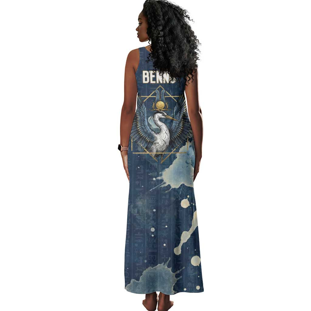 Bennu Ancient Egyptian Tank Maxi Dress with Deep Blue Ink Wash, Winged Bennu Bird and Soul of Ra - African Pride