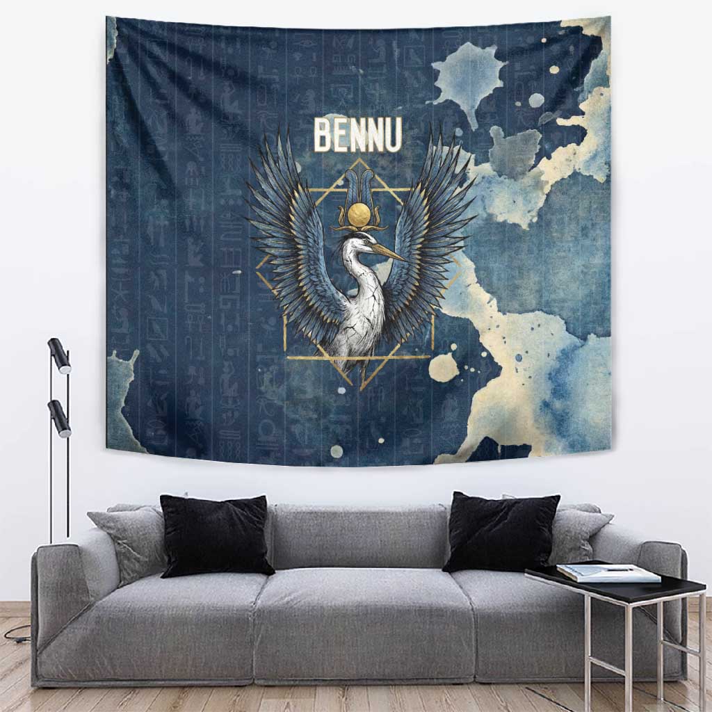 Bennu Ancient Egyptian Tapestry with Deep Blue Ink Wash, Winged Bennu Bird and Soul of Ra - African Pride