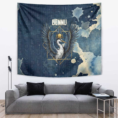 Bennu Ancient Egyptian Tapestry with Deep Blue Ink Wash, Winged Bennu Bird and Soul of Ra - African Pride