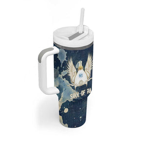 Bennu Ancient Egyptian Tumbler With Handle with Deep Blue Ink Wash, Winged Bennu Bird and Soul of Ra - African Pride