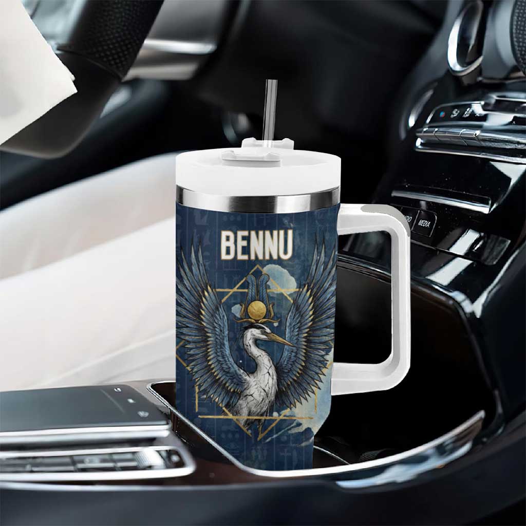 Bennu Ancient Egyptian Tumbler With Handle with Deep Blue Ink Wash, Winged Bennu Bird and Soul of Ra - African Pride