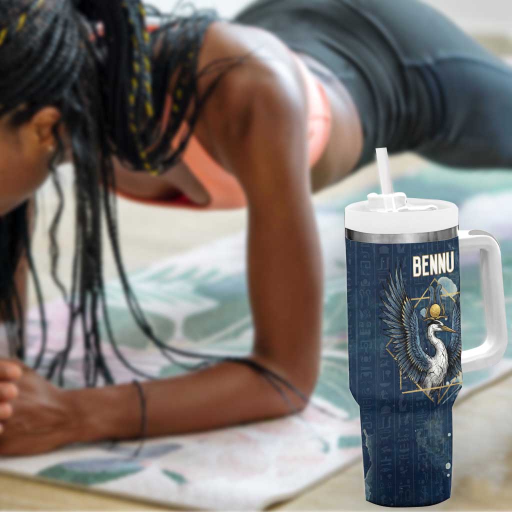 Bennu Ancient Egyptian Tumbler With Handle with Deep Blue Ink Wash, Winged Bennu Bird and Soul of Ra - African Pride