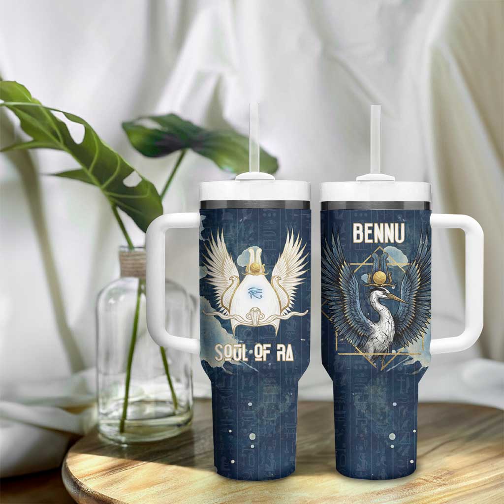 Bennu Ancient Egyptian Tumbler With Handle with Deep Blue Ink Wash, Winged Bennu Bird and Soul of Ra - African Pride