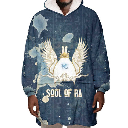 Bennu Ancient Egyptian Wearable Blanket Hoodie with Deep Blue Ink Wash, Winged Bennu Bird and Soul of Ra - African Pride