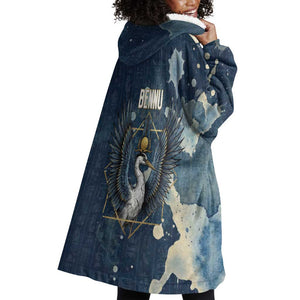 Bennu Ancient Egyptian Wearable Blanket Hoodie with Deep Blue Ink Wash, Winged Bennu Bird and Soul of Ra - African Pride
