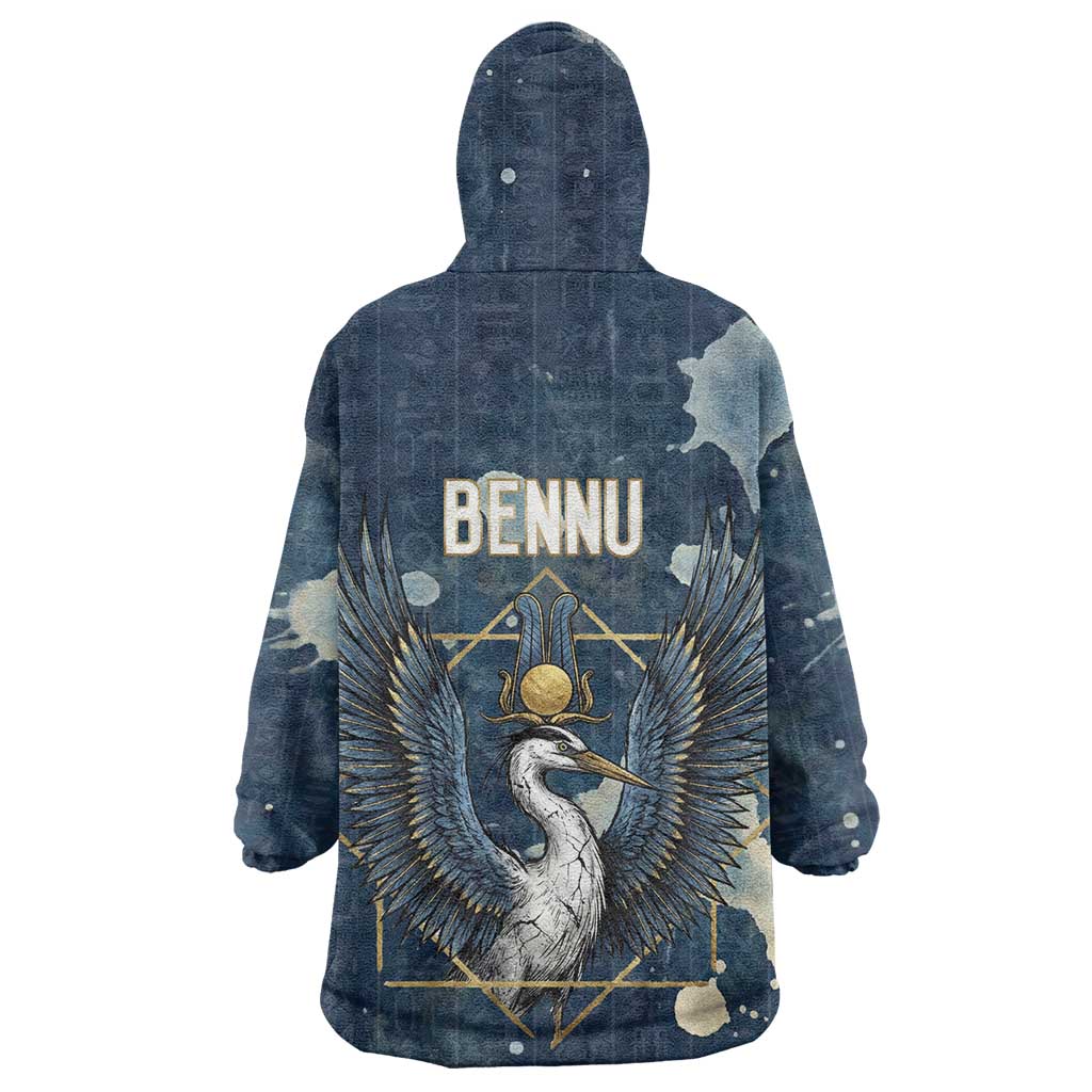 Bennu Ancient Egyptian Wearable Blanket Hoodie with Deep Blue Ink Wash, Winged Bennu Bird and Soul of Ra - African Pride
