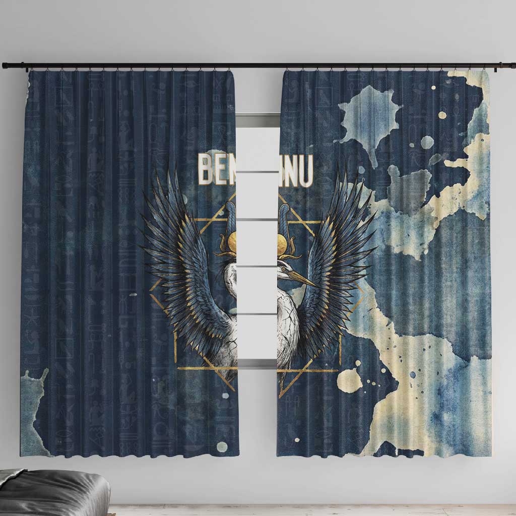 Bennu Ancient Egyptian Window Curtain with Deep Blue Ink Wash, Winged Bennu Bird and Soul of Ra - African Pride