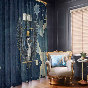 Bennu Ancient Egyptian Window Curtain with Deep Blue Ink Wash, Winged Bennu Bird and Soul of Ra - African Pride