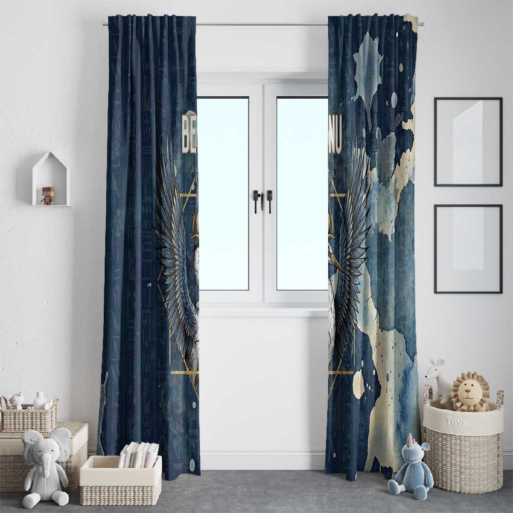 Bennu Ancient Egyptian Window Curtain with Deep Blue Ink Wash, Winged Bennu Bird and Soul of Ra - African Pride