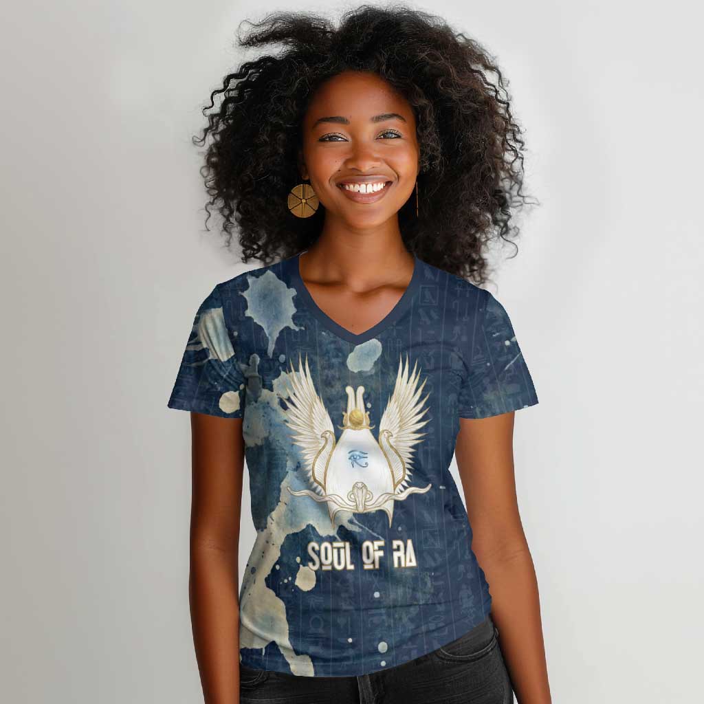 Bennu Ancient Egyptian Women V-Neck T-Shirt with Deep Blue Ink Wash, Winged Bennu Bird and Soul of Ra - African Pride