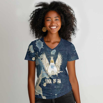 Bennu Ancient Egyptian Women V-Neck T-Shirt with Deep Blue Ink Wash, Winged Bennu Bird and Soul of Ra - African Pride